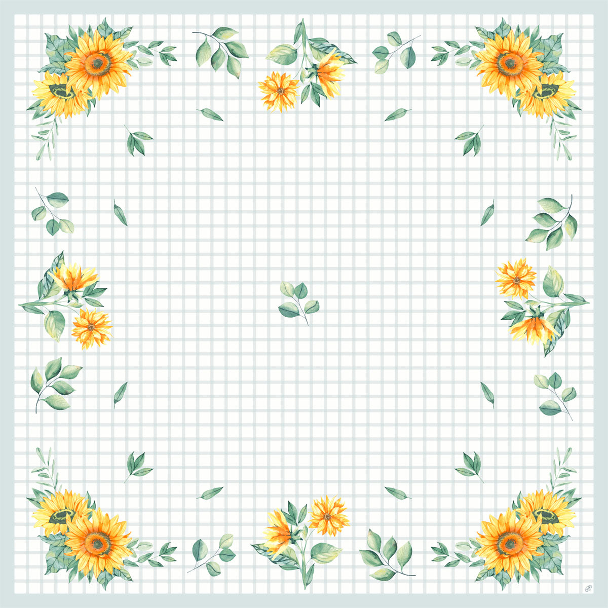 Ein quadratisches Dunicel-Mitteld. 84x84cm Sonnenblumen-Tischdecke von Duni GmbH zeigt ein Sonnenblumenmuster mit aquarellierten Sonnenblumen, gelben Blüten und grünen Blättern in jeder Ecke - ideal als Einweg-Tischdecke. Die Mitte ist frei gelassen; kleine Blattakzente säumen die Ränder.