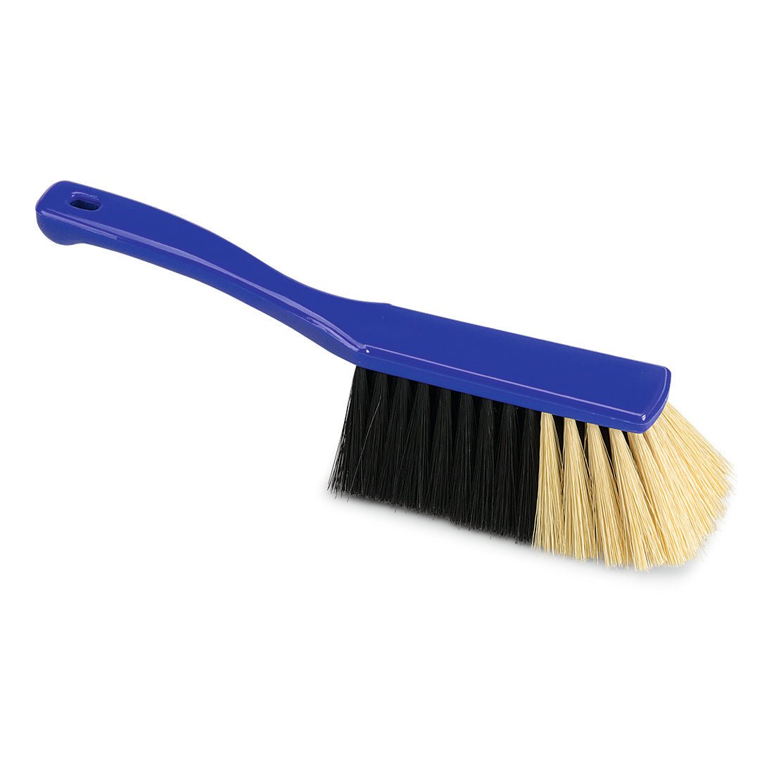 A vassoura de mão Nölle Profi Brush Siena (28 cm) da Nölle Profi Brush Bürsten- & Pinseltechnik e.K. tem um corpo de plástico azul e cerdas bicolores - preto e bege - sobre um fundo branco.