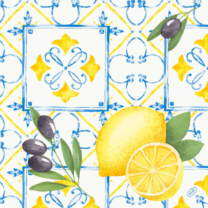 Um padrão aquarelado contínuo com limões, fatias, azeitonas e folhas em azulejos geométricos azul-amarelos - ideal para guardanapos Dunisoft 40 x 40 cm 1/4 dobra da Duni GmbH.