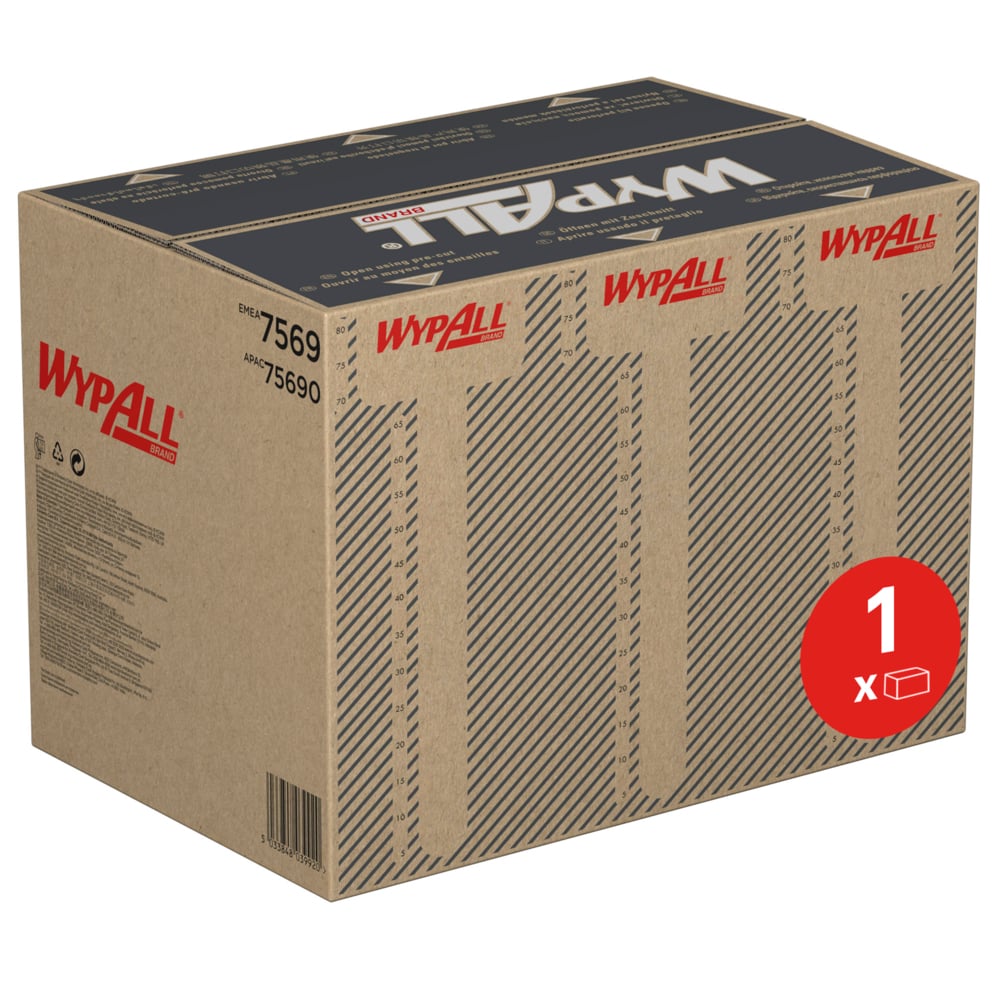Uma caixa marrom da Kimberly-Clark GmbH com a inscrição "WypAll" contém panos WypAll® ForceMax, azuis, dobrados em quatro, 33,50x34,50cm-1 caixa dispensadora (480 folhas). Com círculo vermelho "1 x", números de produto e logotipos WypAll repetidos na parte superior.