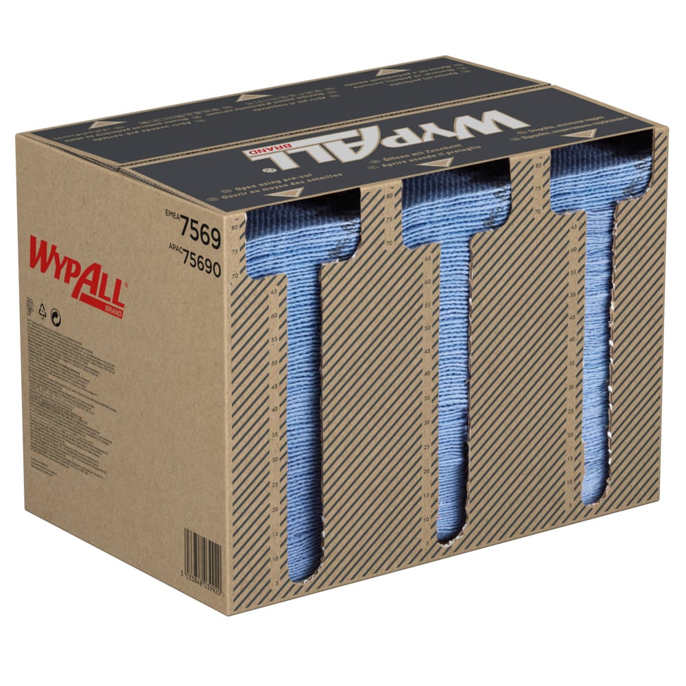 Os panos WypAll® ForceMax da Kimberly-Clark GmbH, azuis, dobrados em quatro (33,50 x 34,50 cm), vêm em uma caixa dispensadora com 480 panos e são ideais para limpeza industrial; a caixa mostra o nome do produto e o número 75690.