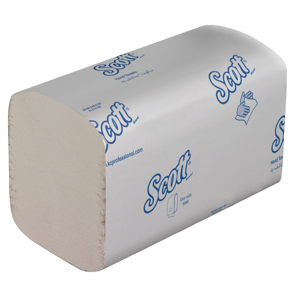Uma caixa de toalhas Scott® Essential™ - intercaladas, brancas, pequenas (15 pacotes x 340 toalhas) da Kimberly-Clark GmbH, embaladas em caixa branca com marcação azul e símbolos para secagem higiénica das mãos.