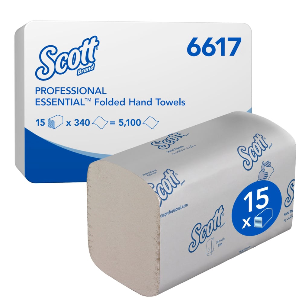 Uma caixa de toalhas interfolhadas Scott® ESSENTIAL™ (brancas, pequenas) da Kimberly-Clark GmbH contém 15 pacotes com 340 folhas cada, embalados em uma embalagem de marca e rotulados com informações do produto e quantidade.