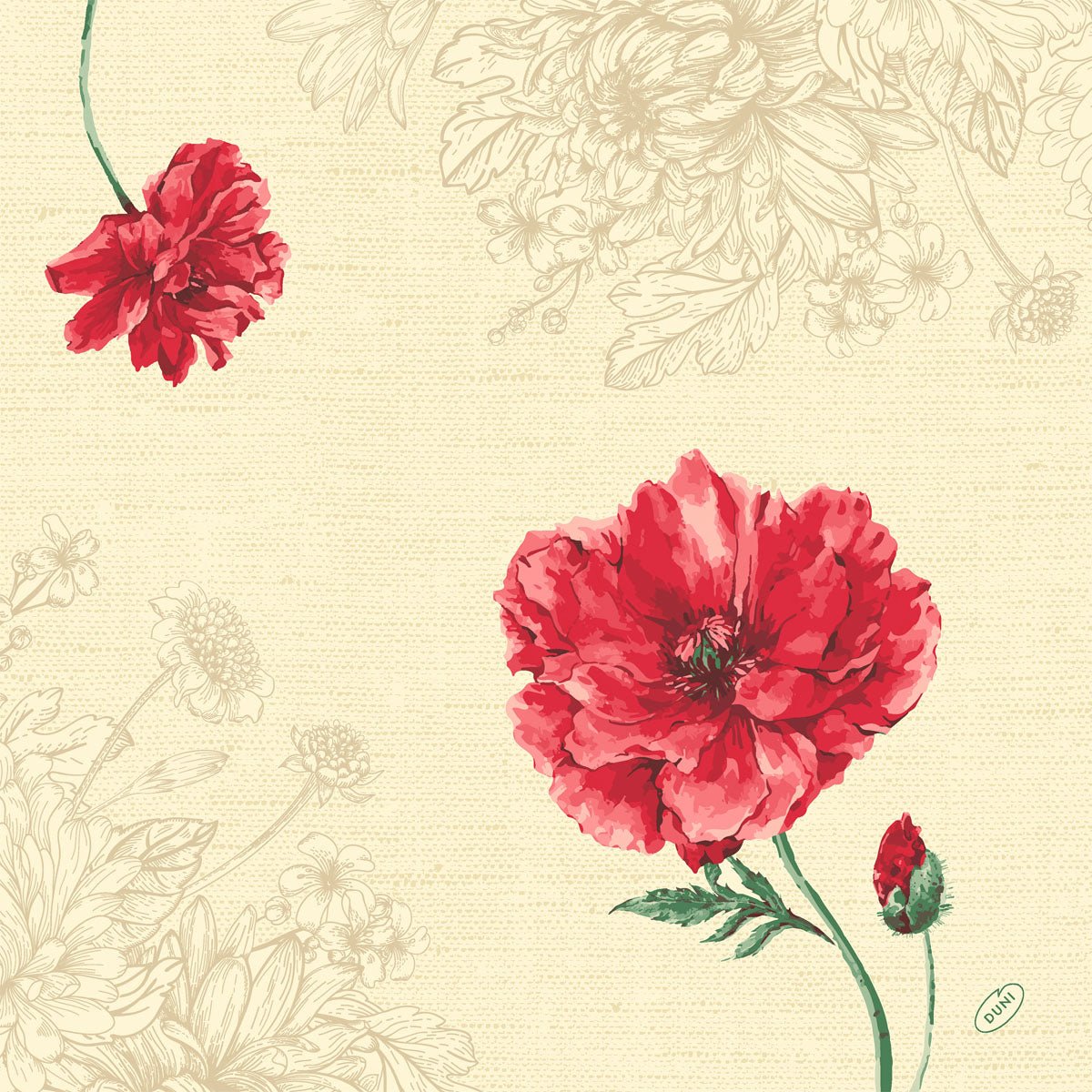 Os guardanapos Dunisoft 40 x 40 cm 1/4 de dobra da Duni GmbH apresentam um fundo bege com flores esboçadas, duas flores vermelhas brilhantes e um botão em caule verde - perfeito para adicionar elegância a qualquer mesa posta.