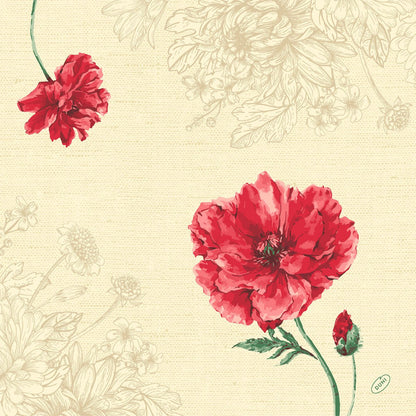 Os guardanapos Dunisoft 40 x 40 cm 1/4 de dobra da Duni GmbH apresentam um fundo bege com flores esboçadas, duas flores vermelhas brilhantes e um botão em caule verde - perfeito para adicionar elegância a qualquer mesa posta.
