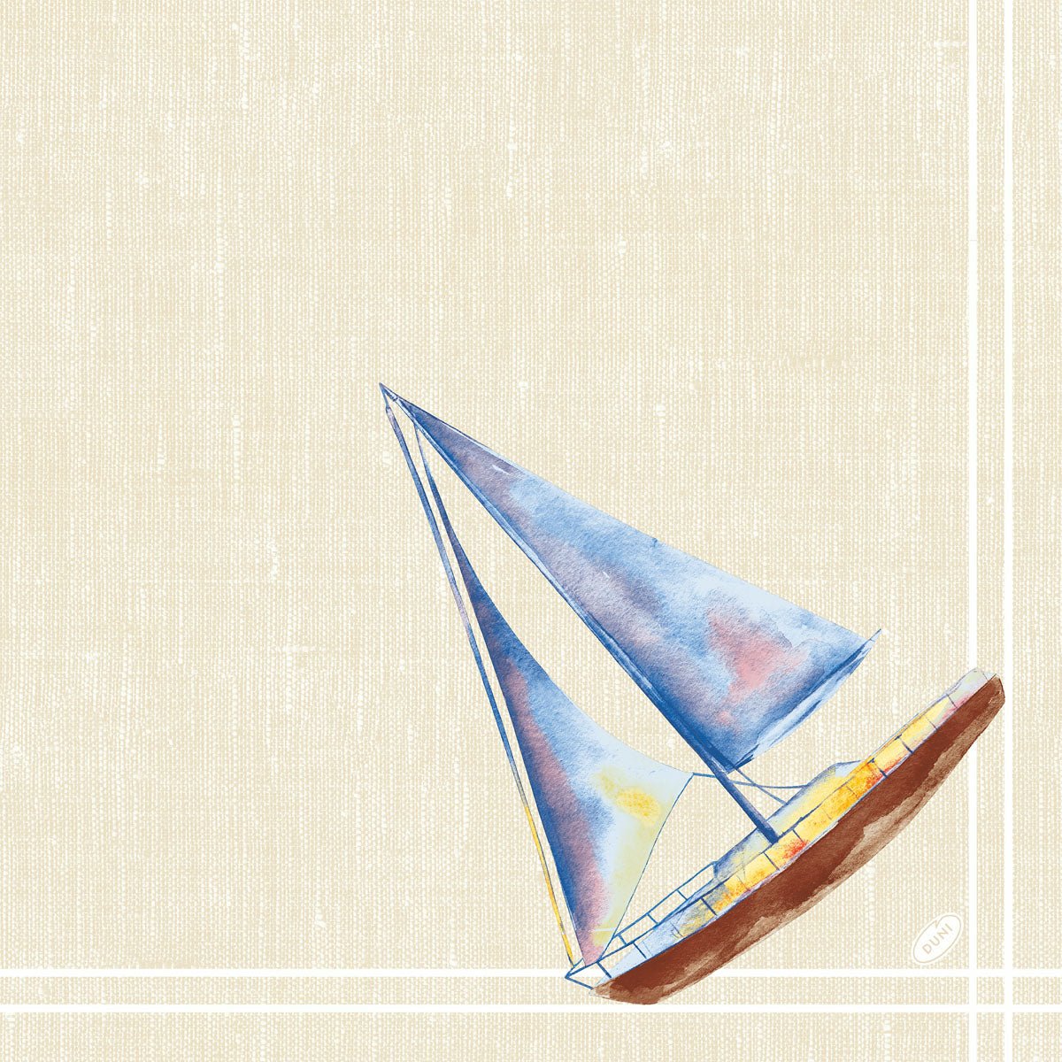 Um veleiro aquarelado com velas azuis e amarelas sobre um fundo texturizado bege, linhas de borda brancas e uma etiqueta oval - ideal para guardanapos Dunisoft 40 x 40 cm 1/4 de dobra da Duni GmbH.