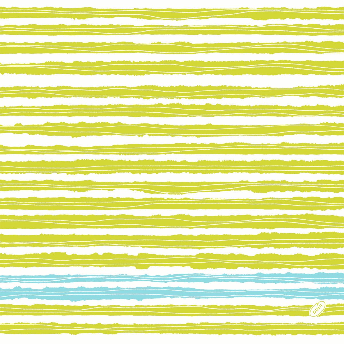 Um padrão de linhas amarelo-verdes irregulares sobre branco com acentos azuis e uma pequena etiqueta "Olá" - ideal para guardanapos Dunisoft 40 x 40 cm 1/4 de dobra da Duni GmbH.