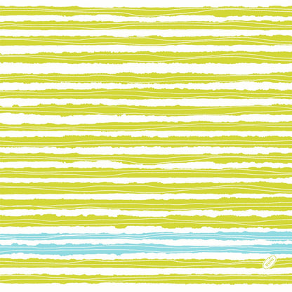 Um padrão de linhas amarelo-verdes irregulares sobre branco com acentos azuis e uma pequena etiqueta "Olá" - ideal para guardanapos Dunisoft 40 x 40 cm 1/4 de dobra da Duni GmbH.