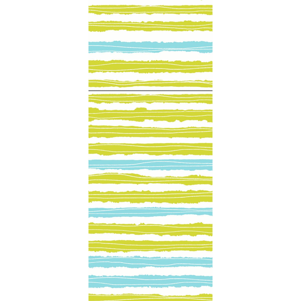 Um padrão vertical de listras amarelo-verde, azul-aqua e branco desiguais com bordas desenhadas à mão sobre branco - perfeito para o Duniletto-Slim 40x33cm da Duni GmbH. A sequência de listras se repete na imagem.