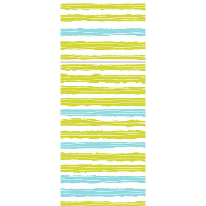 Um padrão vertical de listras amarelo-verde, azul-aqua e branco desiguais com bordas desenhadas à mão sobre branco - perfeito para o Duniletto-Slim 40x33cm da Duni GmbH. A sequência de listras se repete na imagem.