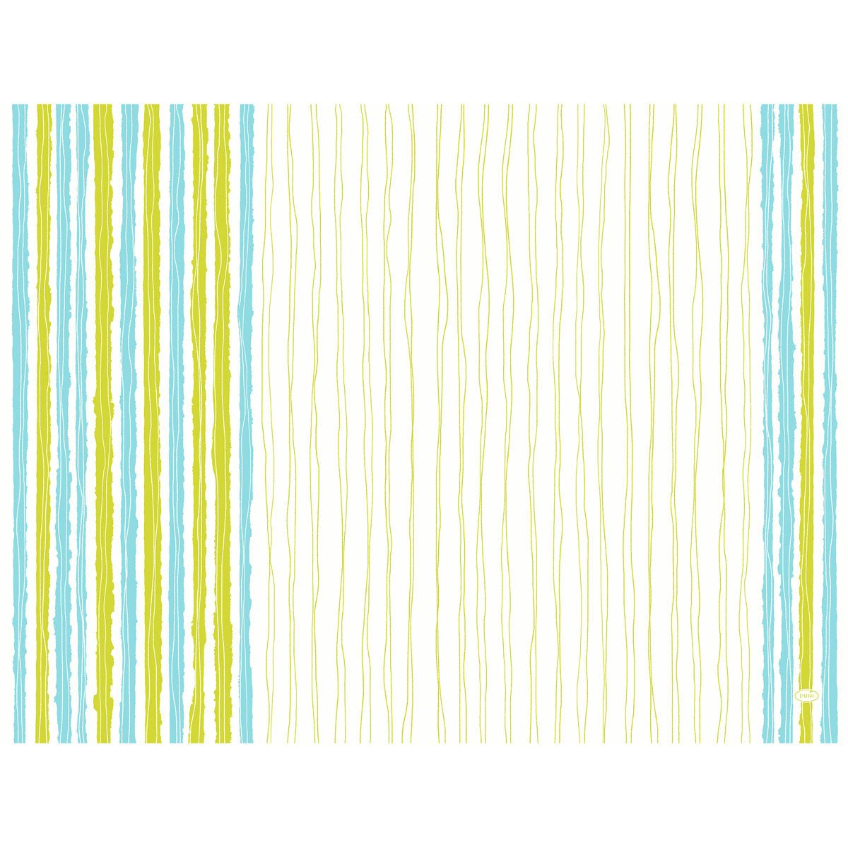 Um fundo branco com linhas onduladas verticais mostra à esquerda listras Elise azuis e verdes fortes, linhas amarelo-esverdeadas finas contínuas e, no canto inferior direito, um pequeno logotipo branco - ideal como bases de papel para mesas Elise Stripes 30x40 cm da Duni GmbH para uma decoração de mesa elegante (250 peças).