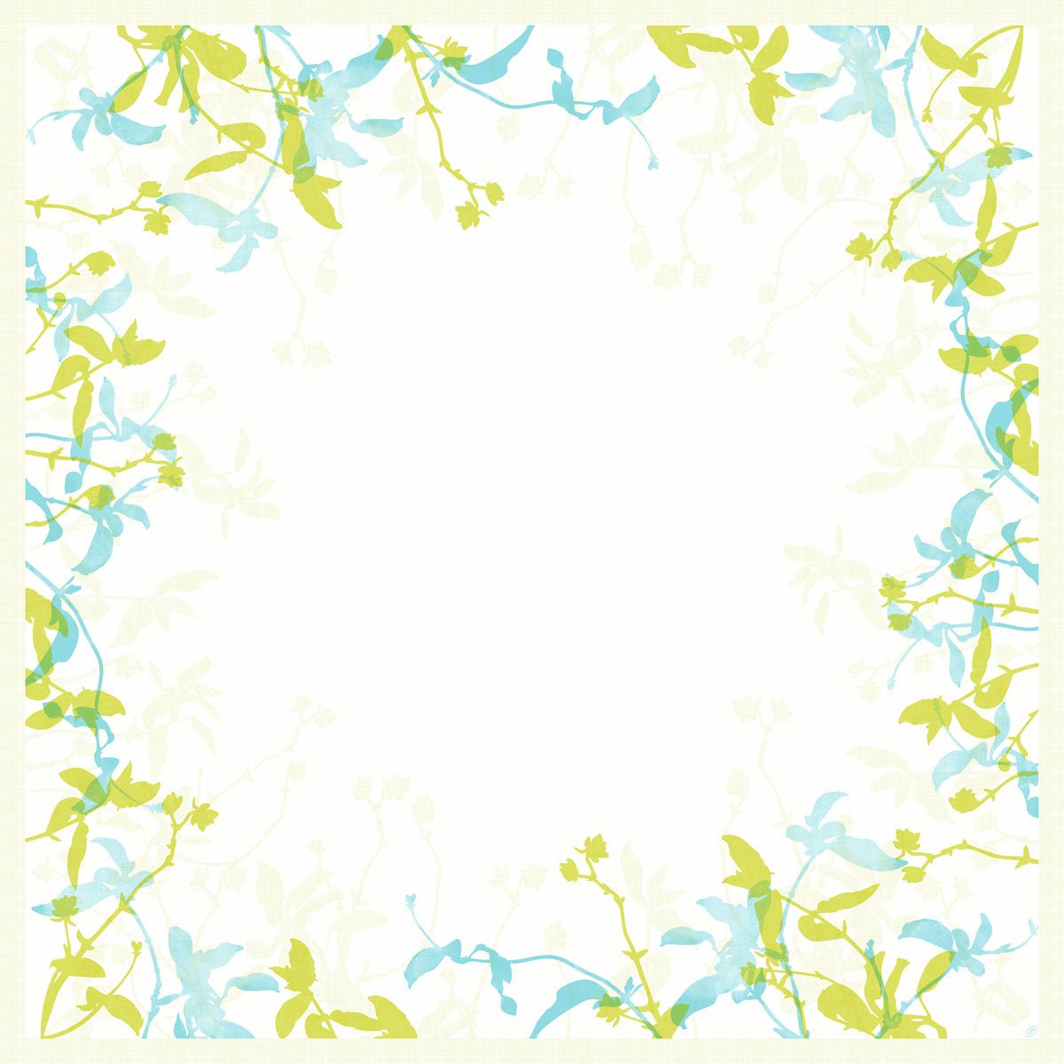Uma borda quadrada de flores verde-claras e azuis em estilo aquarela emoldura a toalha de mesa Dunisilk MD 84x84 cm Elise da Duni GmbH - decoração de mesa de alta qualidade e resistente à água em embalagem de 20 unidades, cujos delicados contornos florais se fundem no centro branco.