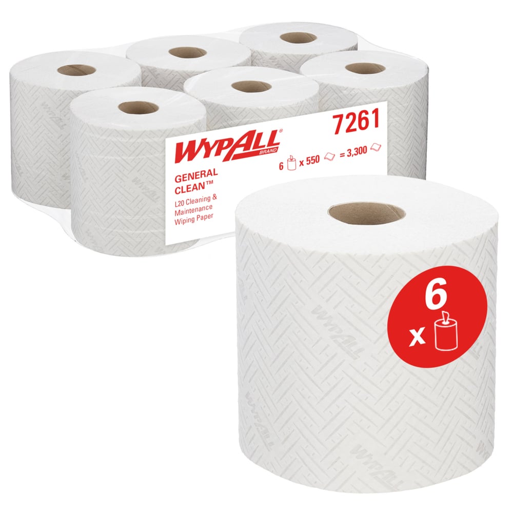 Mostradas estão seis rolos brancos de toalhas de papel WypAll® L20, 2 camadas, com extração central (6 rolos x 550 folhas) da Kimberly-Clark GmbH, com marca clara e etiqueta vermelha para destacar a embalagem de limpeza industrial.
