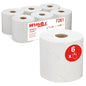 Mostradas estão seis rolos brancos de toalhas de papel WypAll® L20, 2 camadas, com extração central (6 rolos x 550 folhas) da Kimberly-Clark GmbH, com marca clara e etiqueta vermelha para destacar a embalagem de limpeza industrial.