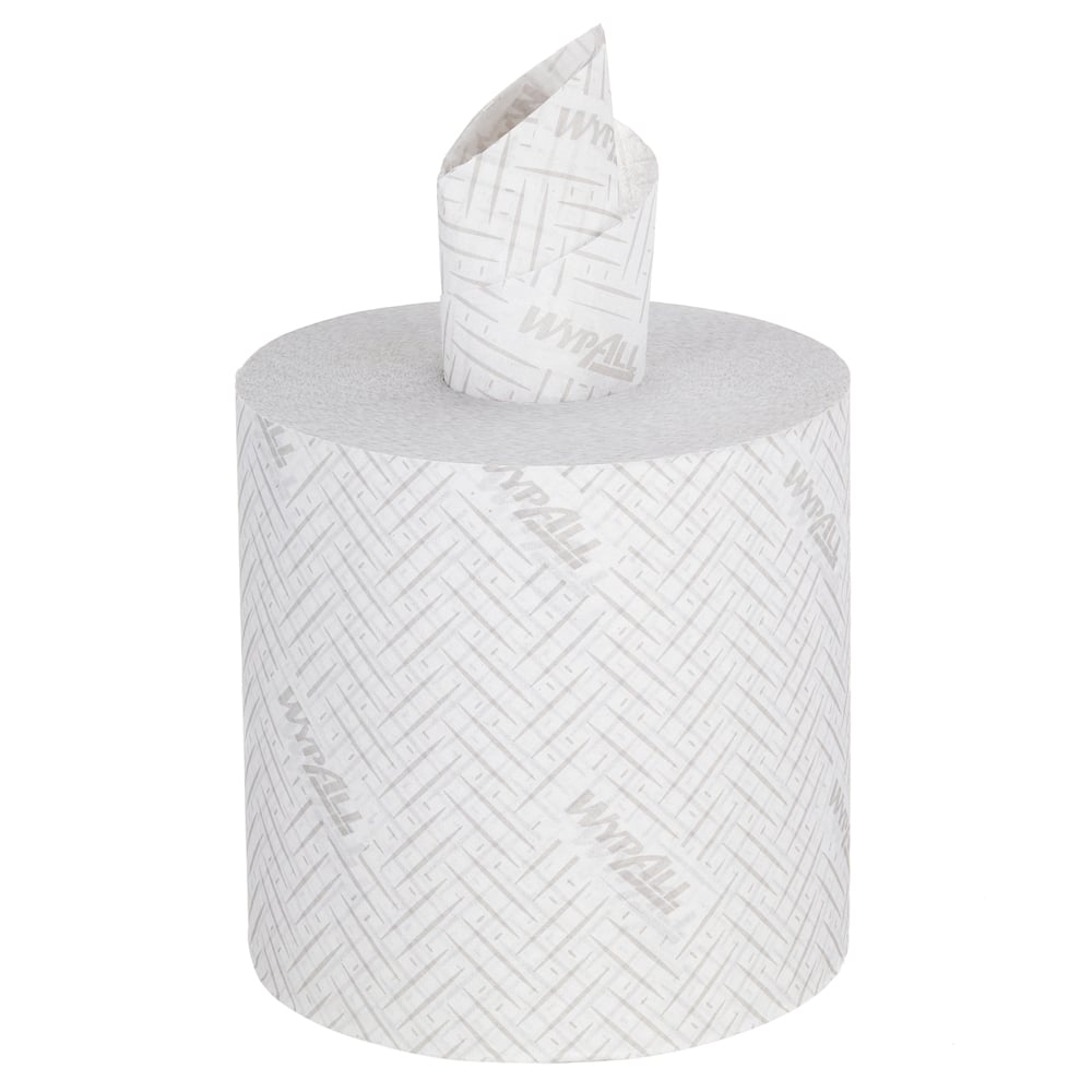 Uma toalha de papel WypAll® L20 da Kimberly-Clark GmbH está em pé com extração central para fácil acesso - ideal para limpeza industrial. O rolo branco de 2 camadas (6x550 folhas por caixa) tem uma toalha parcialmente puxada do meio.