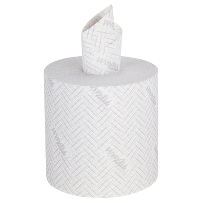 Uma toalha de papel WypAll® L20 da Kimberly-Clark GmbH está em pé com extração central para fácil acesso - ideal para limpeza industrial. O rolo branco de 2 camadas (6x550 folhas por caixa) tem uma toalha parcialmente puxada do meio.