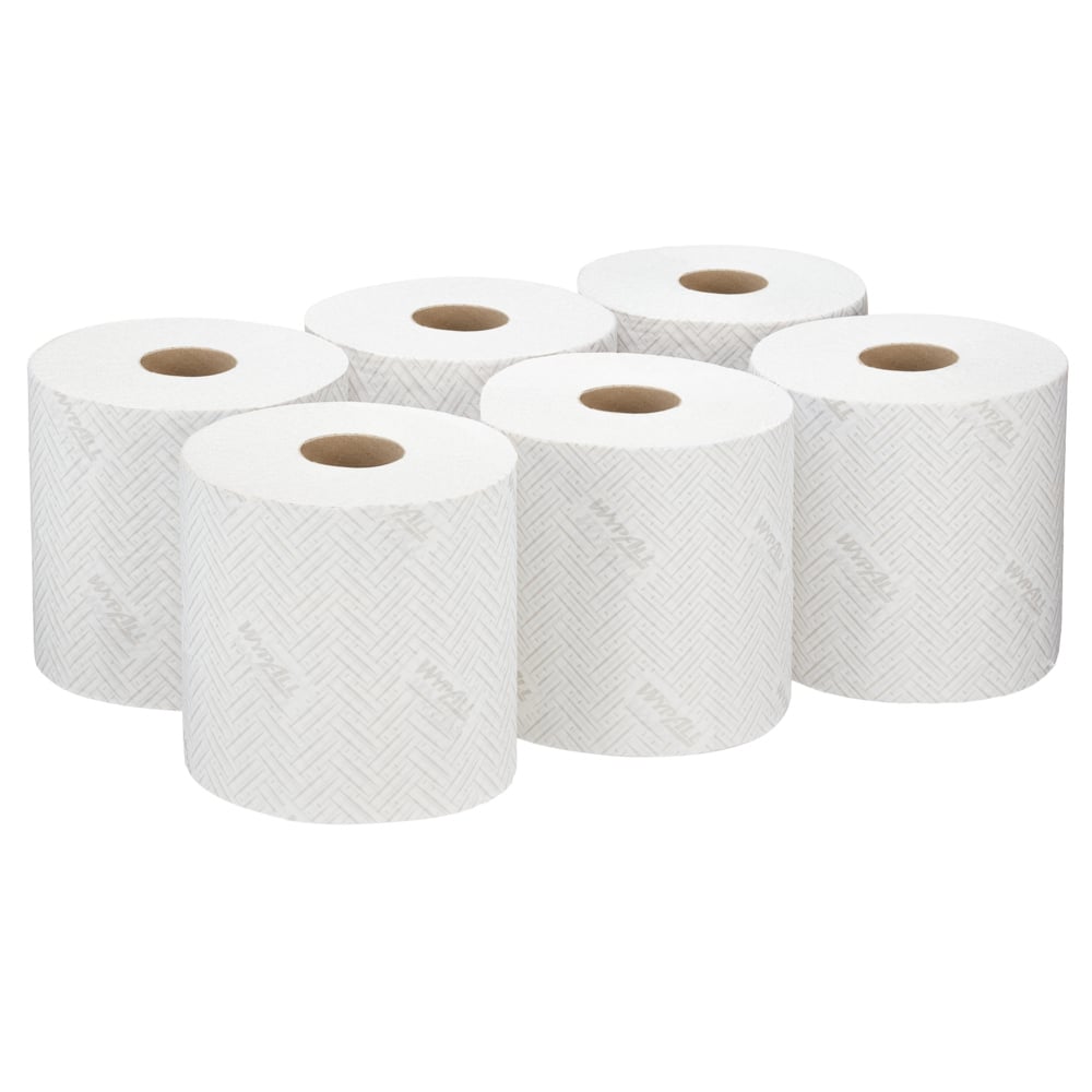 Seis rolos brancos de toalhas de papel WypAll® L20 da Kimberly-Clark GmbH, 2 camadas, com extração central, dispostos em duas filas de três; cada rolo contém 550 folhas e tem núcleos de papelão visíveis no meio.