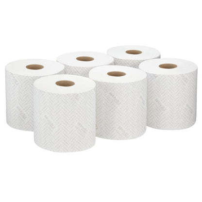 Seis rolos brancos de toalhas de papel WypAll® L20 da Kimberly-Clark GmbH, 2 camadas, com extração central, dispostos em duas filas de três; cada rolo contém 550 folhas e tem núcleos de papelão visíveis no meio.