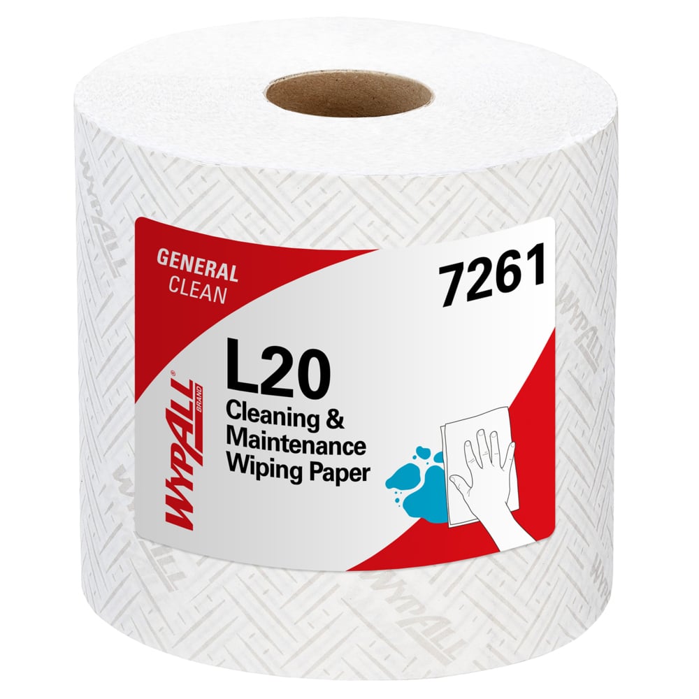 Um rolo de toalhas de papel WypAll® L20, 2 camadas, branco, da Kimberly-Clark GmbH (6 x 550 folhas), ideal para extração central, mostra uma etiqueta branca com acentos vermelhos/azuis e uma ilustração de limpeza manual.