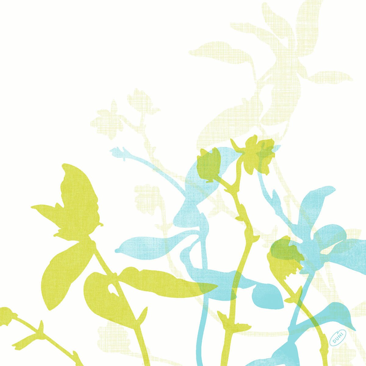 Hastes e folhas de plantas estilizadas em verde, azul e amarelo claro se sobrepõem sobre o branco. Um pequeno detalhe de carimbo azul marca a borda inferior direita - ideal para guardanapos Dunisoft 40 x 40 cm 1/4 de dobra da Duni GmbH.