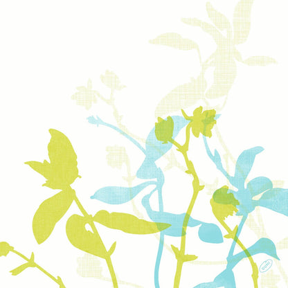 Hastes e folhas de plantas estilizadas em verde, azul e amarelo claro se sobrepõem sobre o branco. Um pequeno detalhe de carimbo azul marca a borda inferior direita - ideal para guardanapos Dunisoft 40 x 40 cm 1/4 de dobra da Duni GmbH.
