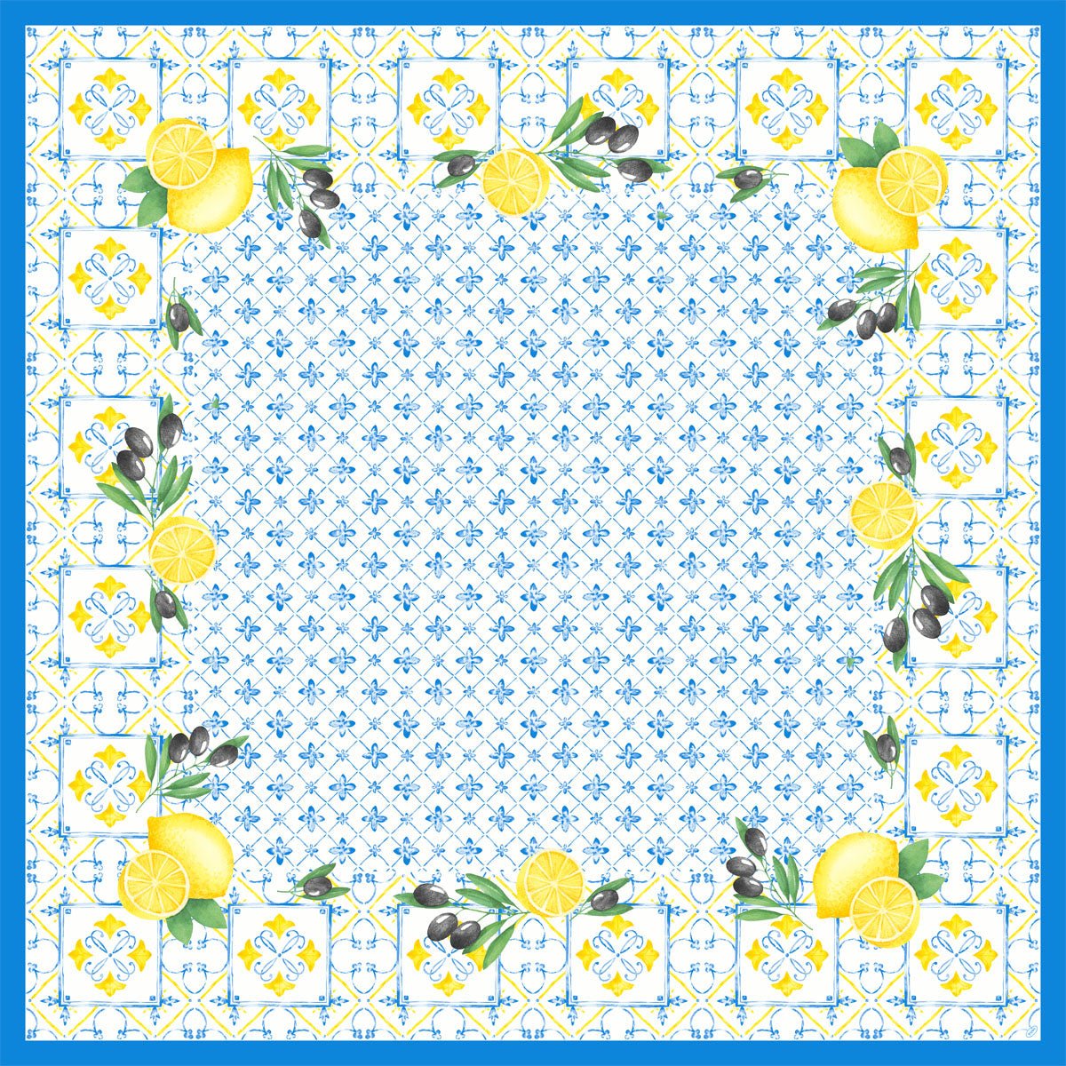 A toalha de mesa Dunicel 84x84 cm Mediterrâneo da Duni GmbH tem um design quadrado inspirado em azulejos com borda azul, limões, azeitonas e folhas verdes em cada canto, bem como um motivo floral azul no centro. Perfeito para uma decoração de mesa elegante. Embalagem (20 peças).