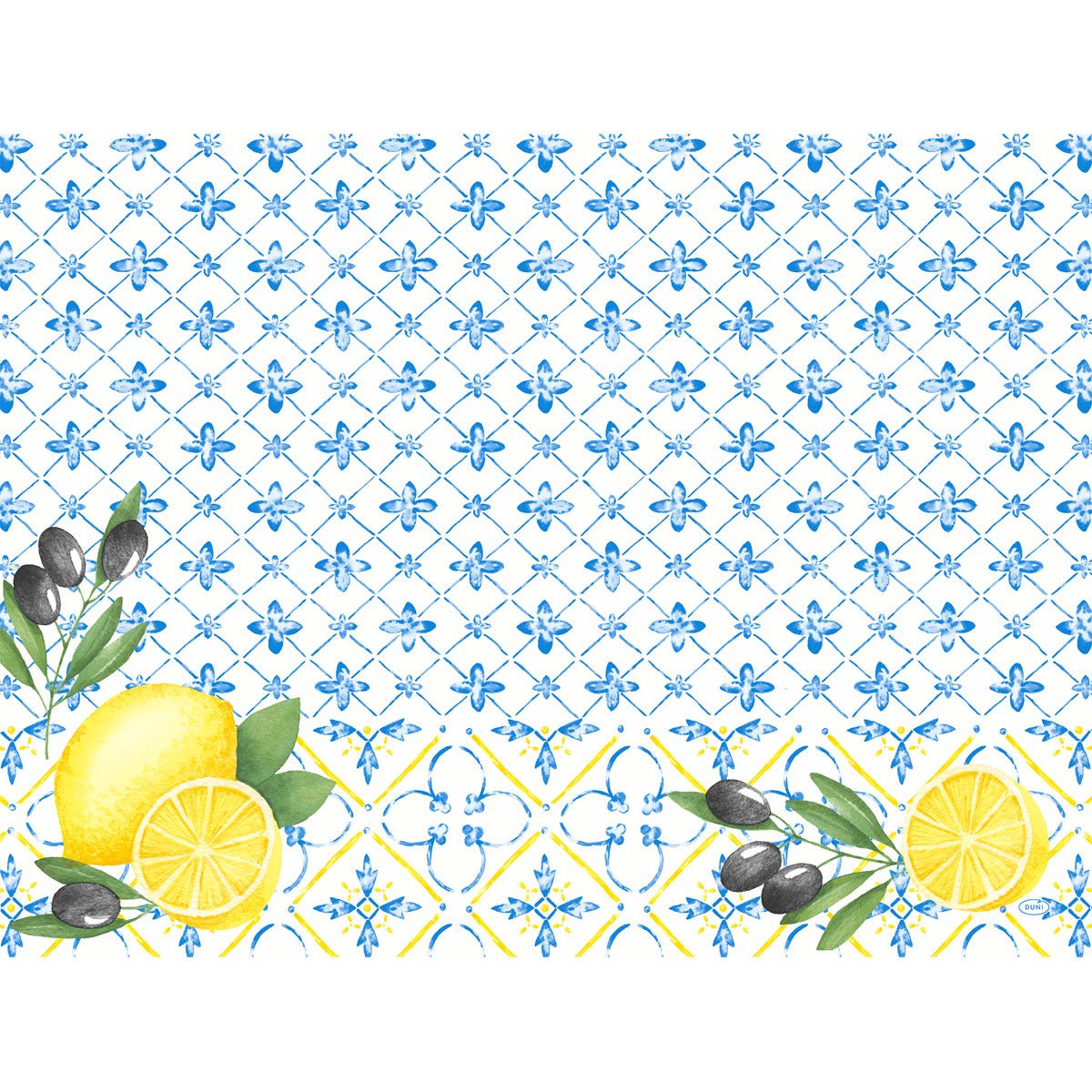 Duni GmbH Papel para mesas 30x40 cm: Fundo branco com padrão de azulejos azuis, azeitonas pretas ilustradas, ramos e fatias de limão. Design mediterrâneo com acentos amarelos, ideal para decoração de mesa elegante (250 peças).