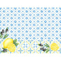 Duni GmbH Papel para mesas 30x40 cm: Fundo branco com padrão de azulejos azuis, azeitonas pretas ilustradas, ramos e fatias de limão. Design mediterrâneo com acentos amarelos, ideal para decoração de mesa elegante (250 peças).