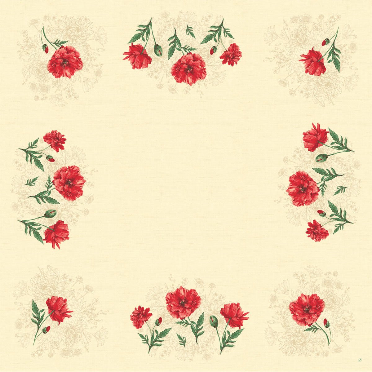 Um quadrado creme com cravo vermelho e borda de folha verde, perfeito como toalha de mesa elegante Dunisilk Monique 84x84 cm da Duni GmbH - ideal para decoração de mesa elegante (embalagem com 20 unidades).