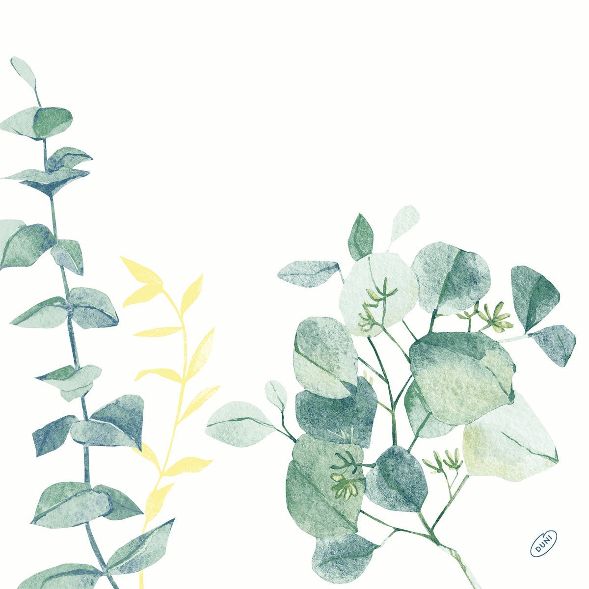 Uma ilustração botânica em aquarela com ramos de folhas verdes e amarelas sobre branco, ideal para guardanapos Dunisoft 40 x 40 cm 1/4 de dobra da Duni GmbH.