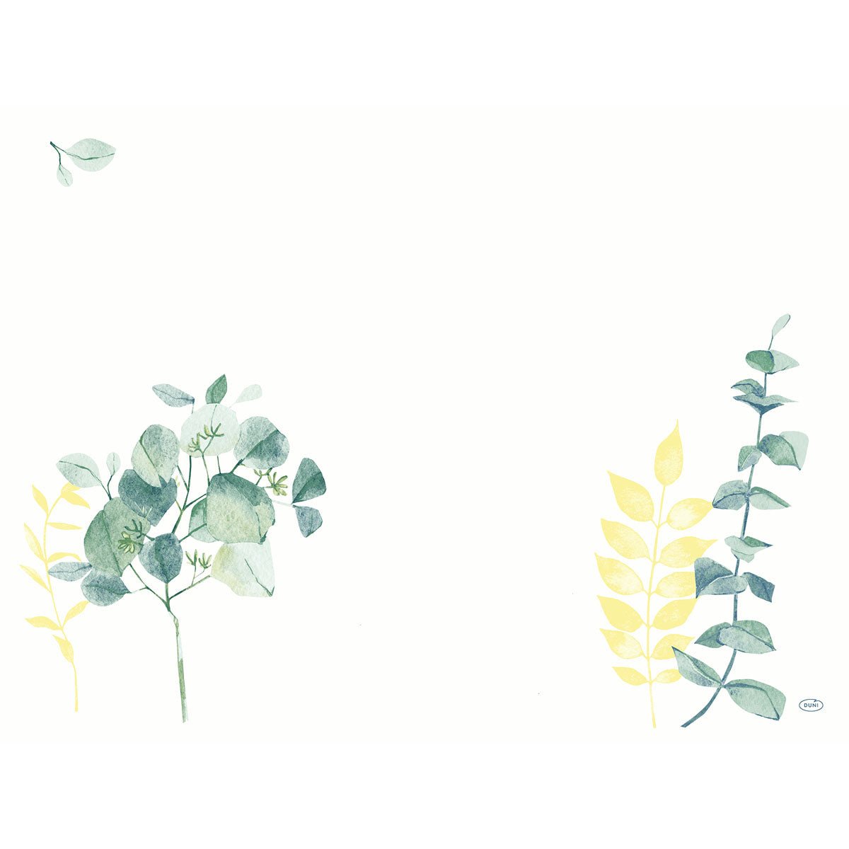Um design aquarela minimalista com acentos de folhas verdes e amarelas destaca os conjuntos Dunicel 30x40 cm Spire da Duni GmbH-100 Decoração de Mesa Premium, que são ideais como decoração de mesa para estabelecimentos elegantes.