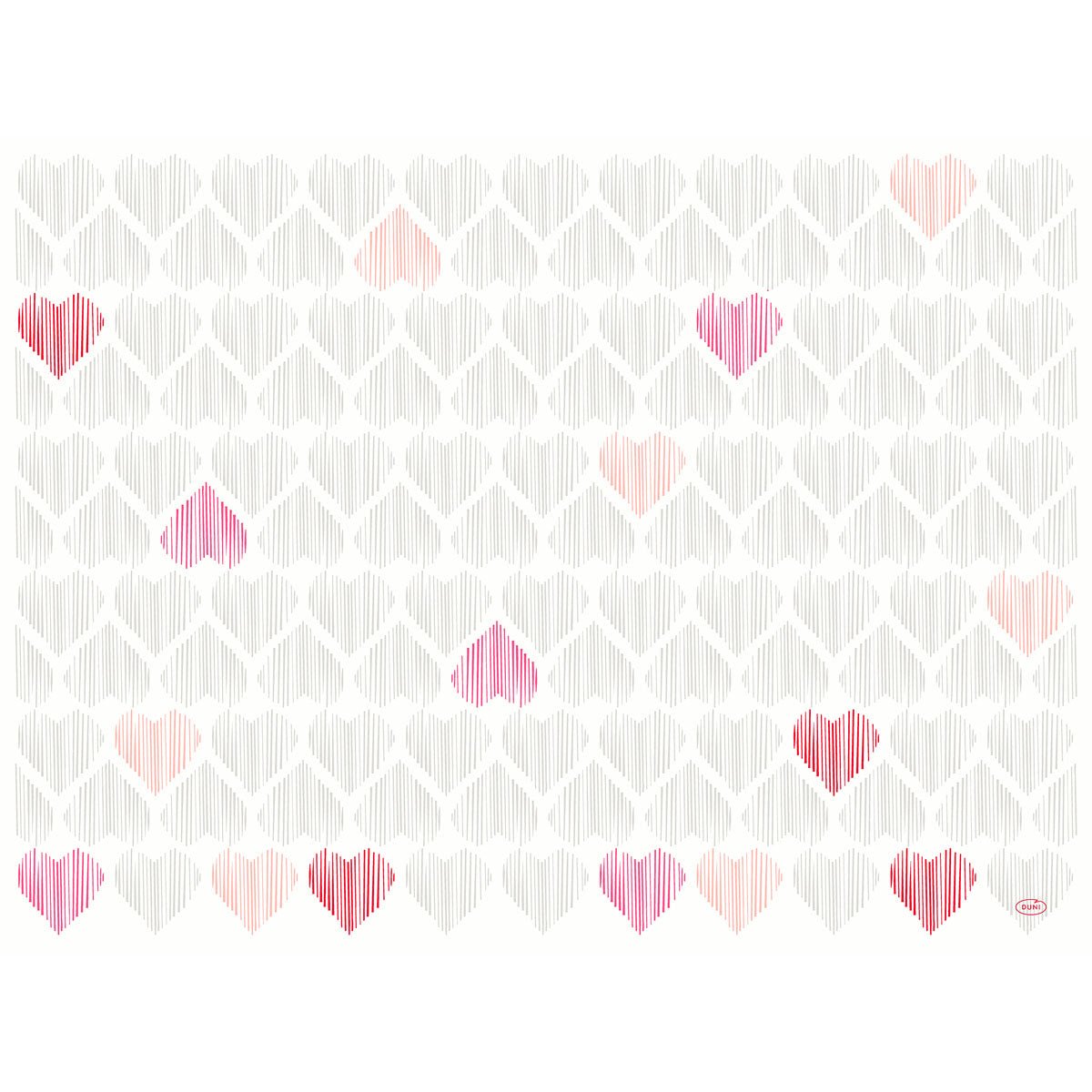 Uma grade de linhas verticais de coração em cinza claro e corações espalhados em rosa, vermelho e pêssego adorna os conjuntos Dunicel 30x40 cm Amour da Duni GmbH - conjuntos de mesa de alta qualidade (pacote de 100 peças) - em um fundo branco brilhante.