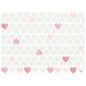 Uma grade de linhas verticais de coração em cinza claro e corações espalhados em rosa, vermelho e pêssego adorna os conjuntos Dunicel 30x40 cm Amour da Duni GmbH - conjuntos de mesa de alta qualidade (pacote de 100 peças) - em um fundo branco brilhante.