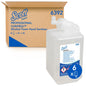 Uma caixa com a inscrição "Scott® CONTROL Espuma Desinfetante para as Mãos à Base de Álcool" da Kimberly-Clark GmbH contém seis cartuchos transparentes de 1 litro; na frente, há um cartucho com um dispensador de bomba e uma etiqueta de produto visível.