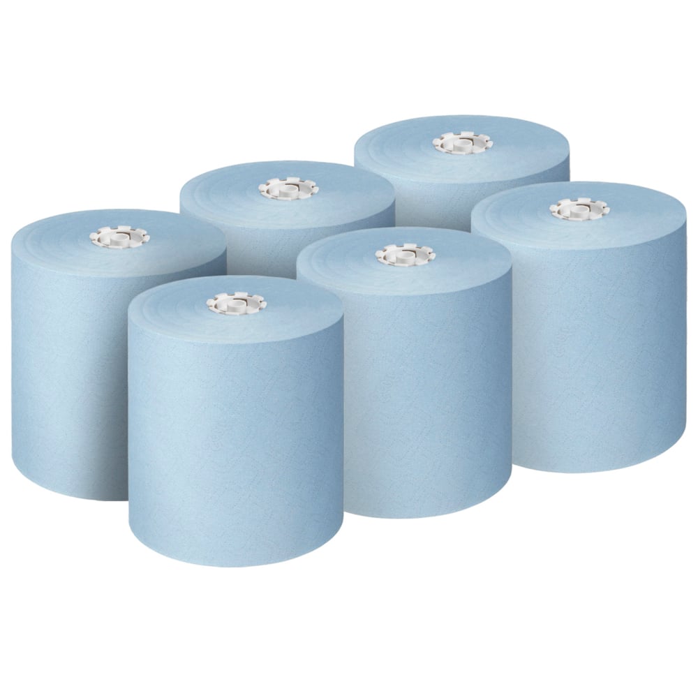 Seis rolos de toalhas Scott® Essential™, Azul (6 rolos/caixa) da Kimberly-Clark GmbH, estão dispostos em duas filas de três em um fundo branco - ideal para fornecimento higiênico em áreas industriais de alta frequência.