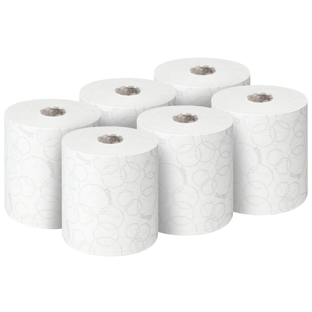 Seis rolos de toalhas de mão Kleenex® ULTRA™, cada um com 150m, da Kimberly-Clark GmbH são mostrados sobre um fundo branco sólido - ideal para secagem higiênica das mãos. Cada embalagem contém 6 rolos brancos.
