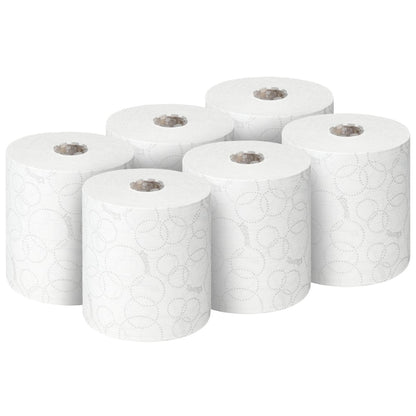 Seis rolos de toalhas de mão Kleenex® ULTRA™, cada um com 150m, da Kimberly-Clark GmbH são mostrados sobre um fundo branco sólido - ideal para secagem higiênica das mãos. Cada embalagem contém 6 rolos brancos.