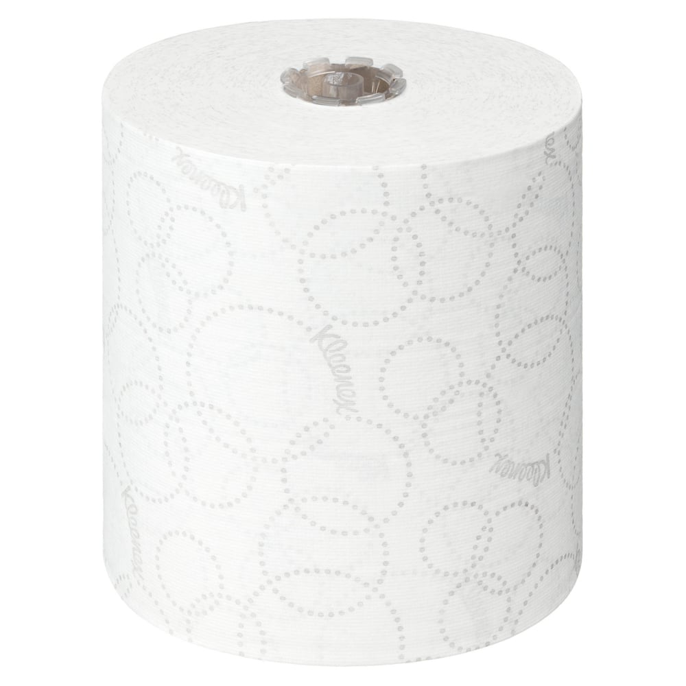 Um rolo de papel de toalhas de mão Kleenex® ULTRA™ da Kimberly-Clark GmbH em branco (150m, 6 rolos/caixa) com padrão de pontos, ideal para secagem higiênica das mãos. O rolo está em pé sobre um fundo branco.