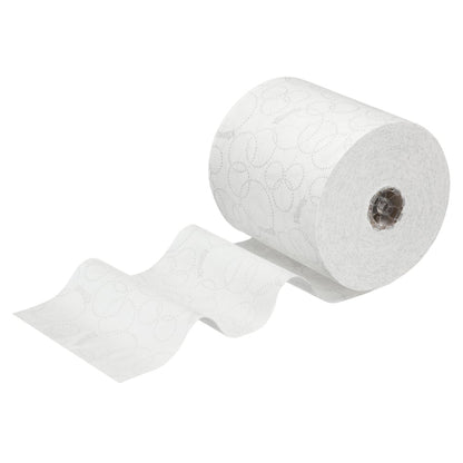 Um rolo de papel higiênico branco parcialmente desenrolado mostra folhas perfuradas e um padrão discreto - perfeito para secagem higiênica das mãos, semelhante ao rolo de toalhas de mão Kleenex® ULTRA™ 150m (6 rolos) da Kimberly-Clark GmbH.