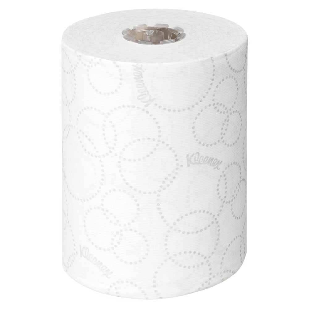 Um único rolo branco de toalha de mão Kleenex® Ultra™ Slimroll™ da Kimberly-Clark GmbH está em pé e possui um padrão pontilhado - ideal para sistemas de dispensadores estreitos. Embalagem: 6 rolos por caixa.