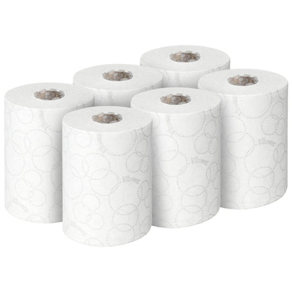 Seis rolos brancos de toalhas de mão Kleenex® Ultra™ Slimroll™ da Kimberly-Clark GmbH estão dispostos em duas filas de três - ideal para sistemas de dispensadores estreitos - sobre um fundo branco simples.