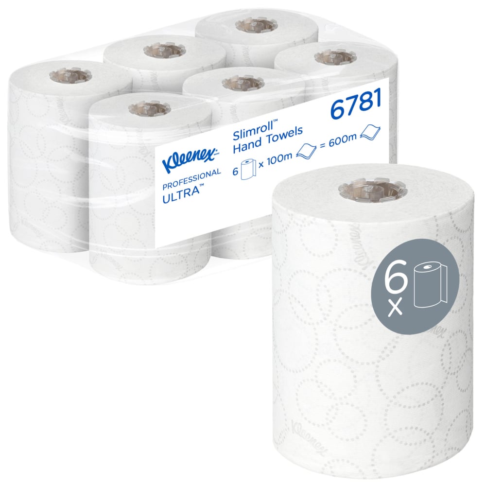 Uma caixa com 6 rolos de toalhas de mão Kleenex® Ultra™ Slimroll™ da Kimberly-Clark GmbH, cada rolo branco com 100m, ideal para sistemas de dispensadores estreitos. Um rolo é mostrado separadamente com um "6x" e um símbolo de rolo no rótulo.