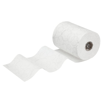 Um rolo branco de toalhas de mão Kleenex® Ultra™ Slimroll™ da Kimberly-Clark GmbH, parcialmente desenrolado com redemoinhos em relevo, ideal para sistemas de dispensadores estreitos ou para uso junto com outros produtos Ultra™ Slimroll™. Embalagem: 6 rolos por caixa.