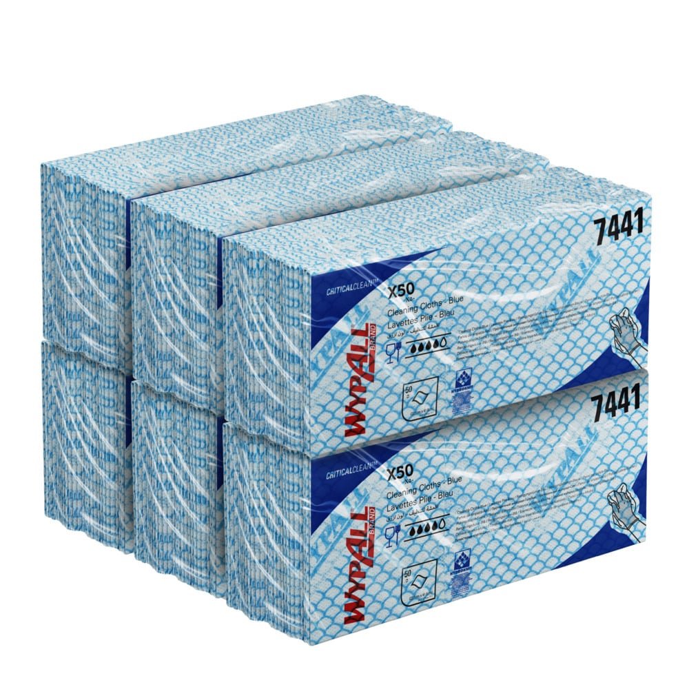 Uma pilha de seis panos de limpeza WypAll® X50 azul e branco da Kimberly-Clark GmbH (Interfold, 41,80 x 24,70 cm), cada caixa está rotulada com 7441 e mostra uma mão usando esses panos descartáveis para limpeza fácil.