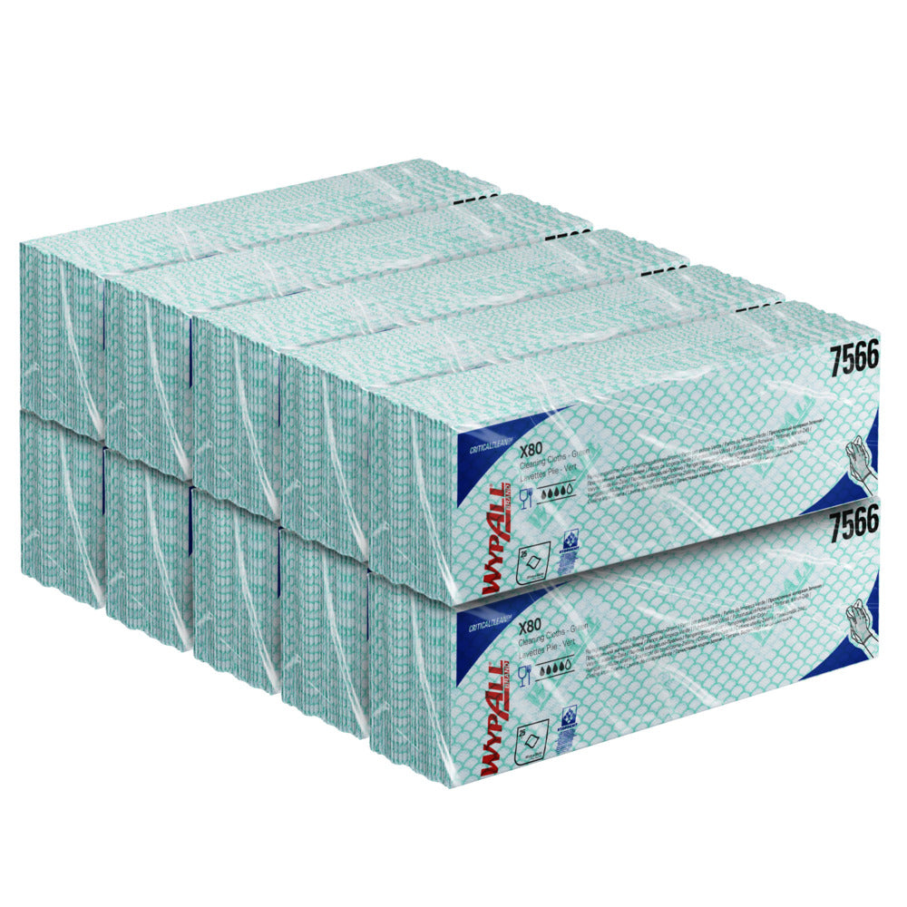 Ein Stapel verpackter Kimberly-Clark GmbH WypAll® X80 Critical Clean Interfold Wischtücher (41x33 cm) in einer weißen Verpackung mit grünen und blauen Akzenten, mit der Aufschrift 7566 auf der Seite.