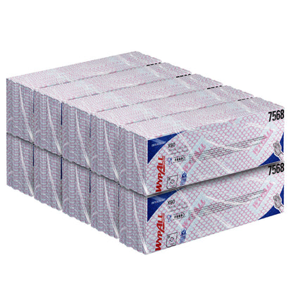 Ein Stapel Kimberly-Clark GmbH WypAll® X80 Critical Clean Interfold Tücher (41 x 33 cm), Artikel 7568, mit rot-blauem Rastermuster, in zwei Reihen zu je vier Boxen-ideal für kritische Umgebungen.