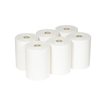 Seis toalhas Scott® Slimroll™ da Kimberly-Clark GmbH estão dispostas em duas fileiras sobre um fundo branco; as toalhas de papel cilíndricas e absorventes exibem um núcleo de papelão marrom no meio.