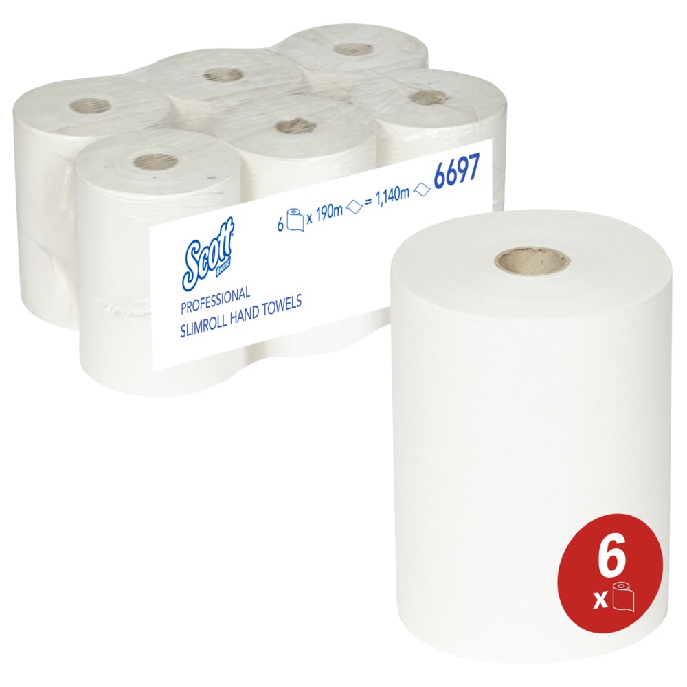 Seis toalhas Scott® Slimroll™ da Kimberly-Clark GmbH estão embaladas de forma a economizar espaço em filme transparente. A toalha absorvente com símbolo vermelho de pacote de 6 é visível - perfeita para aplicações profissionais.