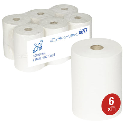 Seis toalhas Scott® Slimroll™ da Kimberly-Clark GmbH estão embaladas de forma a economizar espaço em filme transparente. A toalha absorvente com símbolo vermelho de pacote de 6 é visível - perfeita para aplicações profissionais.