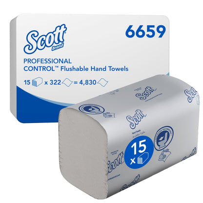 A imagem mostra uma caixa de toalhas dobradas descartáveis Scott® Control™ da Kimberly-Clark GmbH com um pacote empilhado na frente. A embalagem contém 15 pacotes x 322 folhas (4.830 no total) - ideal para secagem de mãos higiênica.
